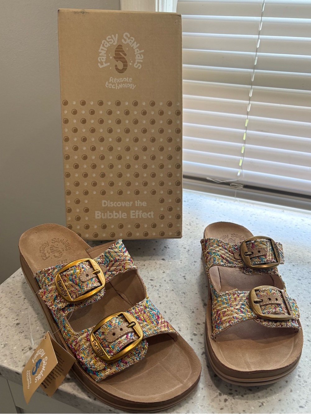 NIB Despoina Sandal by Fantasy Sandals -Multicolor Double-Buckle Slide Sandals